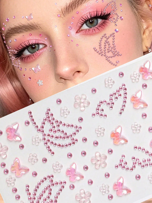 Pink Butterfly Flower 3D Glitter Rhinestone Face Jewels, Y2K Self-Adhesive Rhinestones, DIY Concert Disco Party Shiny Face Decoration