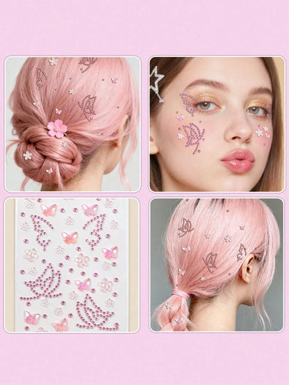 Pink Butterfly Flower 3D Glitter Rhinestone Face Jewels, Y2K Self-Adhesive Rhinestones, DIY Concert Disco Party Shiny Face Decoration