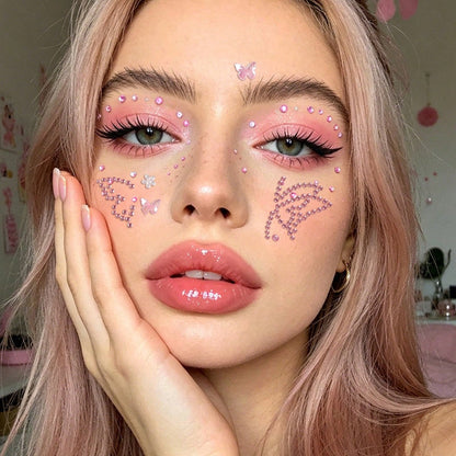 Pink Butterfly Flower 3D Glitter Rhinestone Face Jewels, Y2K Self-Adhesive Rhinestones, DIY Concert Disco Party Shiny Face Decoration