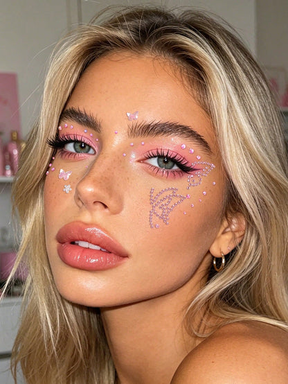 Pink Butterfly Flower 3D Glitter Rhinestone Face Jewels, Y2K Self-Adhesive Rhinestones, DIY Concert Disco Party Shiny Face Decoration