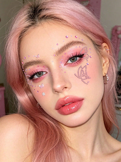 Pink Butterfly Flower 3D Glitter Rhinestone Face Jewels, Y2K Self-Adhesive Rhinestones, DIY Concert Disco Party Shiny Face Decoration