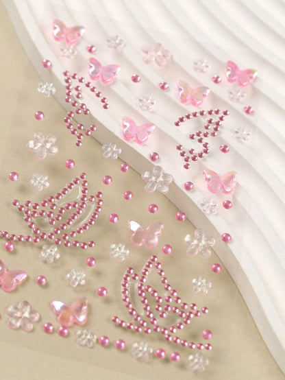 Pink Butterfly Flower 3D Glitter Rhinestone Face Jewels, Y2K Self-Adhesive Rhinestones, DIY Concert Disco Party Shiny Face Decoration