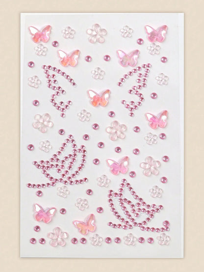 Pink Butterfly Flower 3D Glitter Rhinestone Face Jewels, Y2K Self-Adhesive Rhinestones, DIY Concert Disco Party Shiny Face Decoration