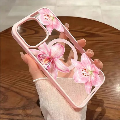 Pink Floral Lily Orchid Pattern-Pastel Magnetic Phone Case For IPhone 16/15/14/13/12/11/X/XS-Slim TPU Shockproof Cover,Anti-Slip & Scratch-Resistant,Perfect Birthday Present For Her|Summer Gi