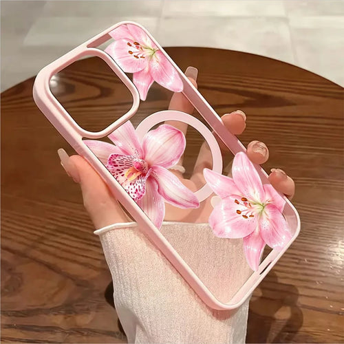 Pink Floral Lily Orchid Pattern-Pastel Magnetic Phone Case For IPhone 16/15/14/13/12/11/X/XS-Slim TPU Shockproof Cover,Anti-Slip & Scratch-Resistant,Perfect Birthday Present For Her|Summer Gi