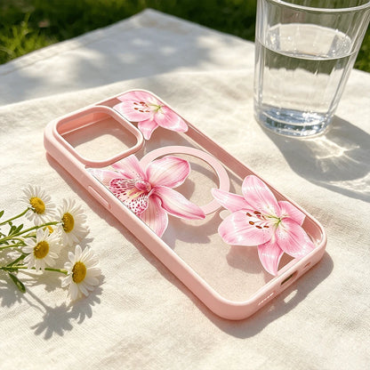 Pink Floral Lily Orchid Pattern-Pastel Magnetic Phone Case For IPhone 16/15/14/13/12/11/X/XS-Slim TPU Shockproof Cover,Anti-Slip & Scratch-Resistant,Perfect Birthday Present For Her|Summer Gi