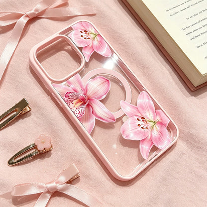 Pink Floral Lily Orchid Pattern-Pastel Magnetic Phone Case For IPhone 16/15/14/13/12/11/X/XS-Slim TPU Shockproof Cover,Anti-Slip & Scratch-Resistant,Perfect Birthday Present For Her|Summer Gi