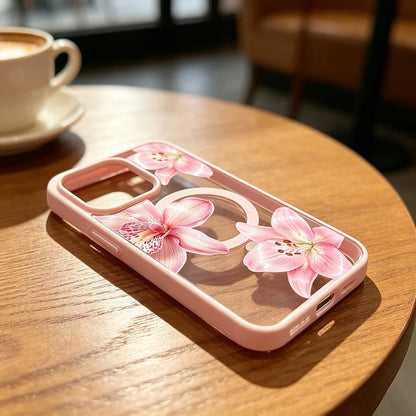 Pink Floral Lily Orchid Pattern-Pastel Magnetic Phone Case For IPhone 16/15/14/13/12/11/X/XS-Slim TPU Shockproof Cover,Anti-Slip & Scratch-Resistant,Perfect Birthday Present For Her|Summer Gi