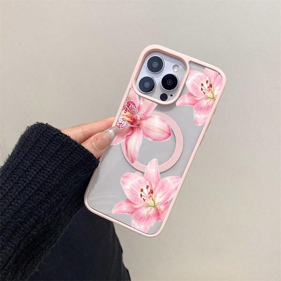 Pink Floral Lily Orchid Pattern-Pastel Magnetic Phone Case For IPhone 16/15/14/13/12/11/X/XS-Slim TPU Shockproof Cover,Anti-Slip & Scratch-Resistant,Perfect Birthday Present For Her|Summer Gi