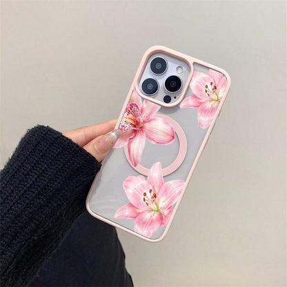 Pink Floral Lily Orchid Pattern-Pastel Magnetic Phone Case For IPhone 16/15/14/13/12/11/X/XS-Slim TPU Shockproof Cover,Anti-Slip & Scratch-Resistant,Perfect Birthday Present For Her|Summer Gi