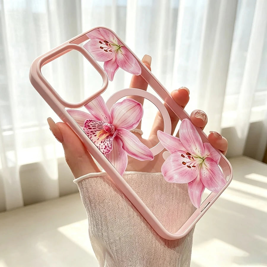 Pink Floral Lily Orchid Pattern-Pastel Magnetic Phone Case For IPhone 16/15/14/13/12/11/X/XS-Slim TPU Shockproof Cover,Anti-Slip & Scratch-Resistant,Perfect Birthday Present For Her|Summer Gi
