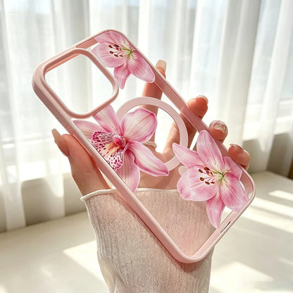 Pink Floral Lily Orchid Pattern-Pastel Magnetic Phone Case For IPhone 16/15/14/13/12/11/X/XS-Slim TPU Shockproof Cover,Anti-Slip & Scratch-Resistant,Perfect Birthday Present For Her|Summer Gi