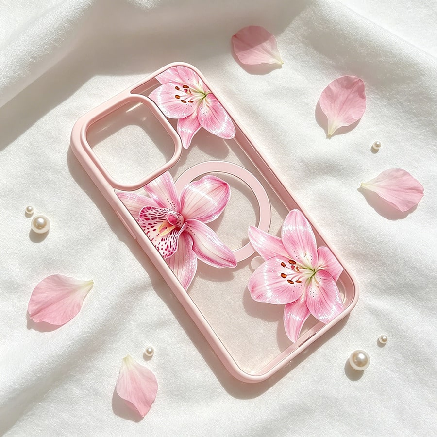 Pink Floral Lily Orchid Pattern-Pastel Magnetic Phone Case For IPhone 16/15/14/13/12/11/X/XS-Slim TPU Shockproof Cover,Anti-Slip & Scratch-Resistant,Perfect Birthday Present For Her|Summer Gi