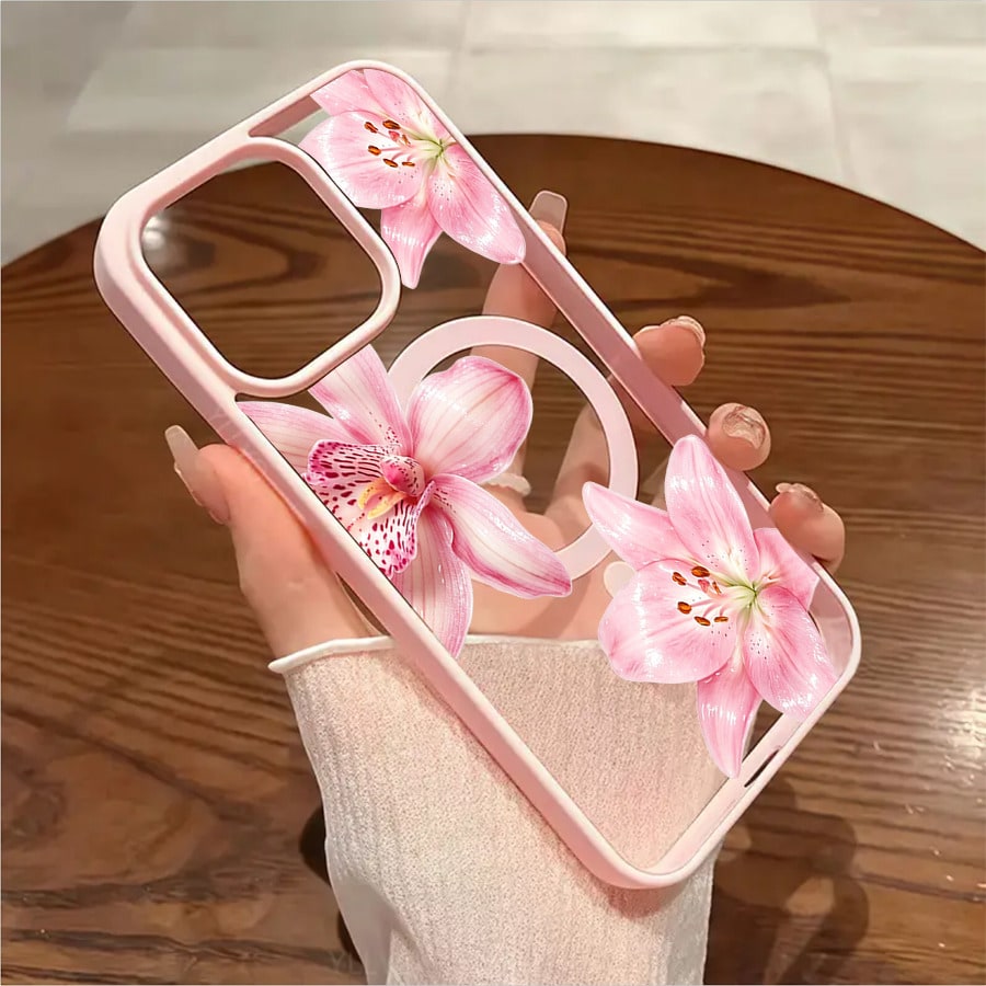 Pink Floral Lily Orchid Pattern-Pastel Magnetic Phone Case For IPhone 16/15/14/13/12/11/X/XS-Slim TPU Shockproof Cover,Anti-Slip & Scratch-Resistant,Perfect Birthday Present For Her|Summer Gi