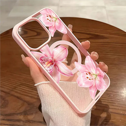 Pink Floral Lily Orchid Pattern-Pastel Magnetic Phone Case For IPhone 16/15/14/13/12/11/X/XS-Slim TPU Shockproof Cover,Anti-Slip & Scratch-Resistant,Perfect Birthday Present For Her|Summer Gi