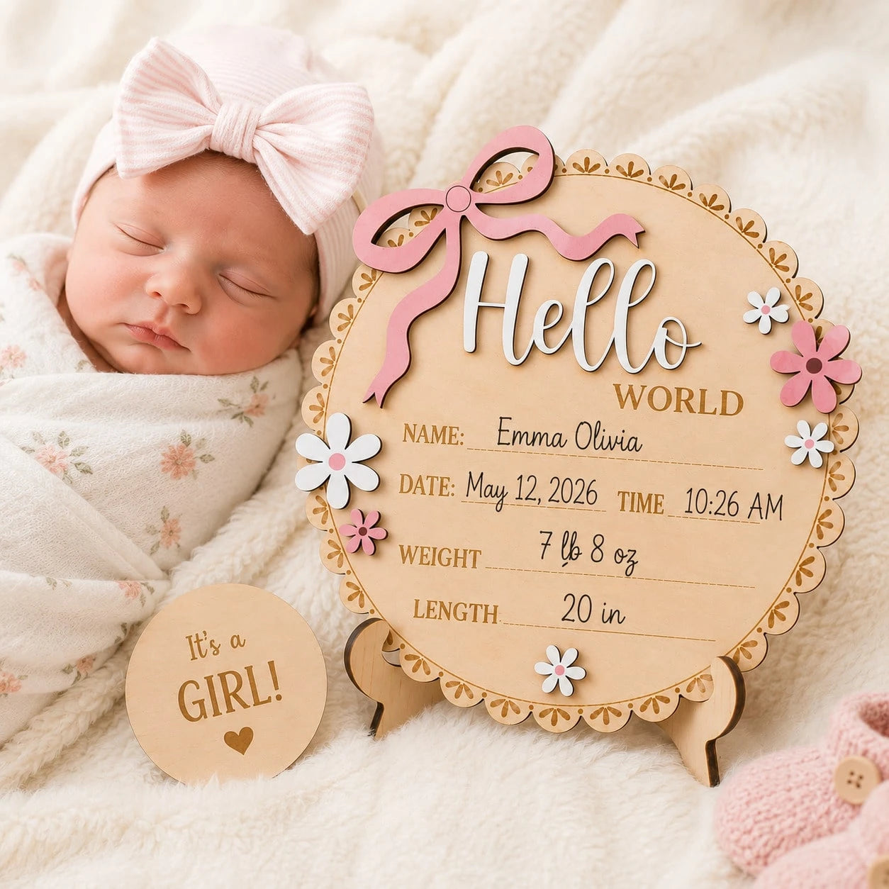 Pink Floral Newborn Baby Girl Birth Announcement Wooden Plaque, Includes Baby Name, Date Of Birth, Time, Weight, Length, Suitable For Baby Girl Room Decor, Photo Prop, Keepsake Souvenir, Newborn Annou