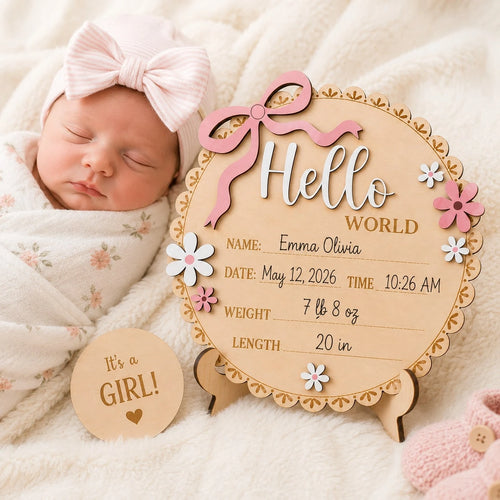 Pink Floral Newborn Baby Girl Birth Announcement Wooden Plaque, Includes Baby Name, Date Of Birth, Time, Weight, Length, Suitable For Baby Girl Room Decor, Photo Prop, Keepsake Souvenir, Newborn Annou