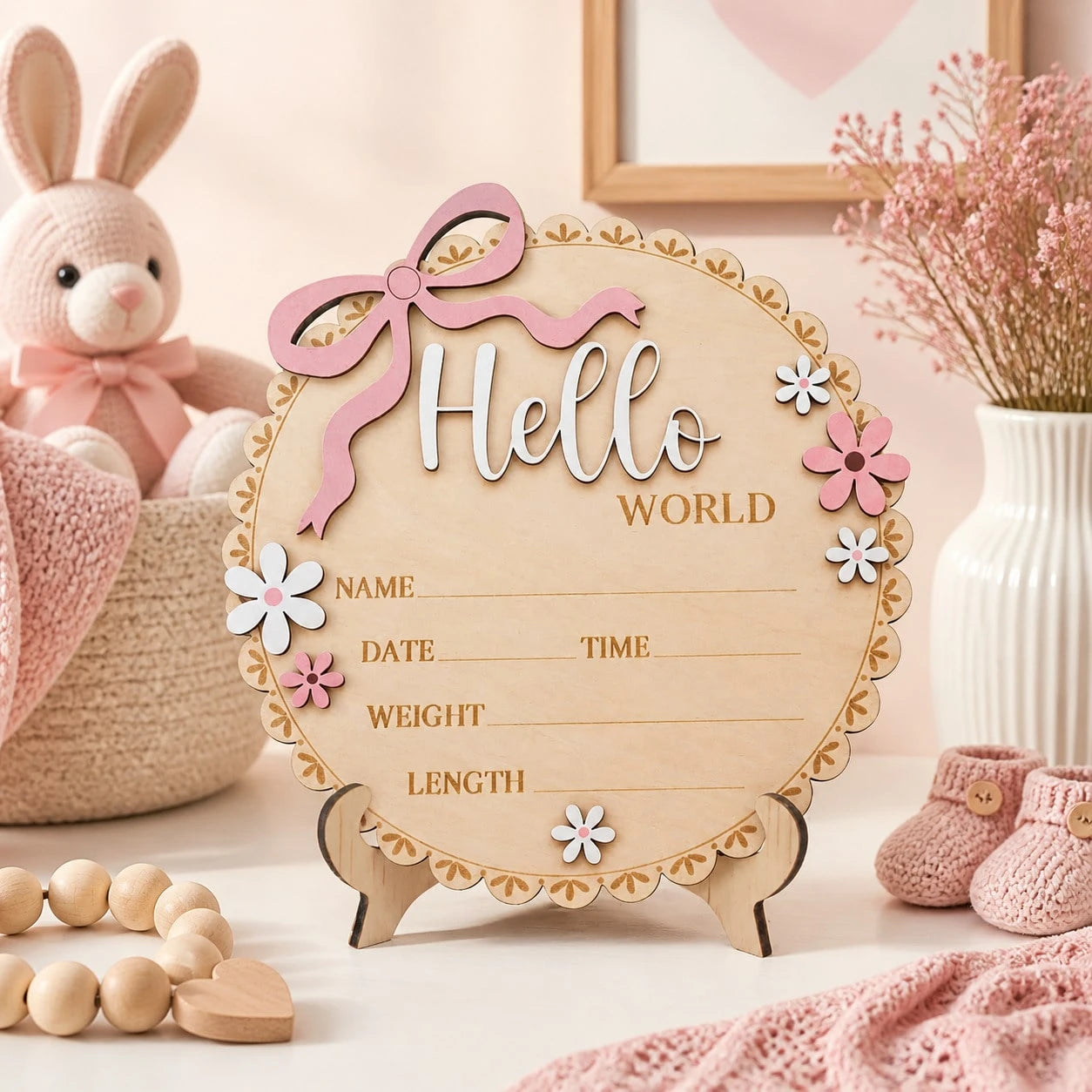 Pink Floral Newborn Baby Girl Birth Announcement Wooden Plaque, Includes Baby Name, Date Of Birth, Time, Weight, Length, Suitable For Baby Girl Room Decor, Photo Prop, Keepsake Souvenir, Newborn Annou