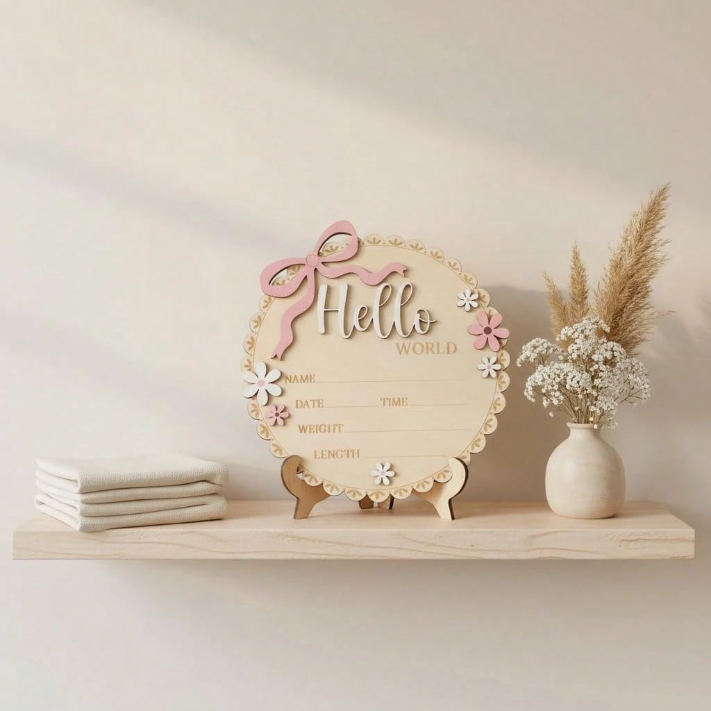 Pink Floral Newborn Baby Girl Birth Announcement Wooden Plaque, Includes Baby Name, Date Of Birth, Time, Weight, Length, Suitable For Baby Girl Room Decor, Photo Prop, Keepsake Souvenir, Newborn Annou