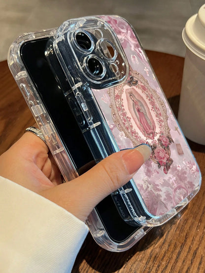 Pink Floral Our Lady Of Guadalupe Pattern Phone Case For IPhone 11/12/13/14/15/16/17 Girls Women Cute Aesthetic Protective Phone Cover