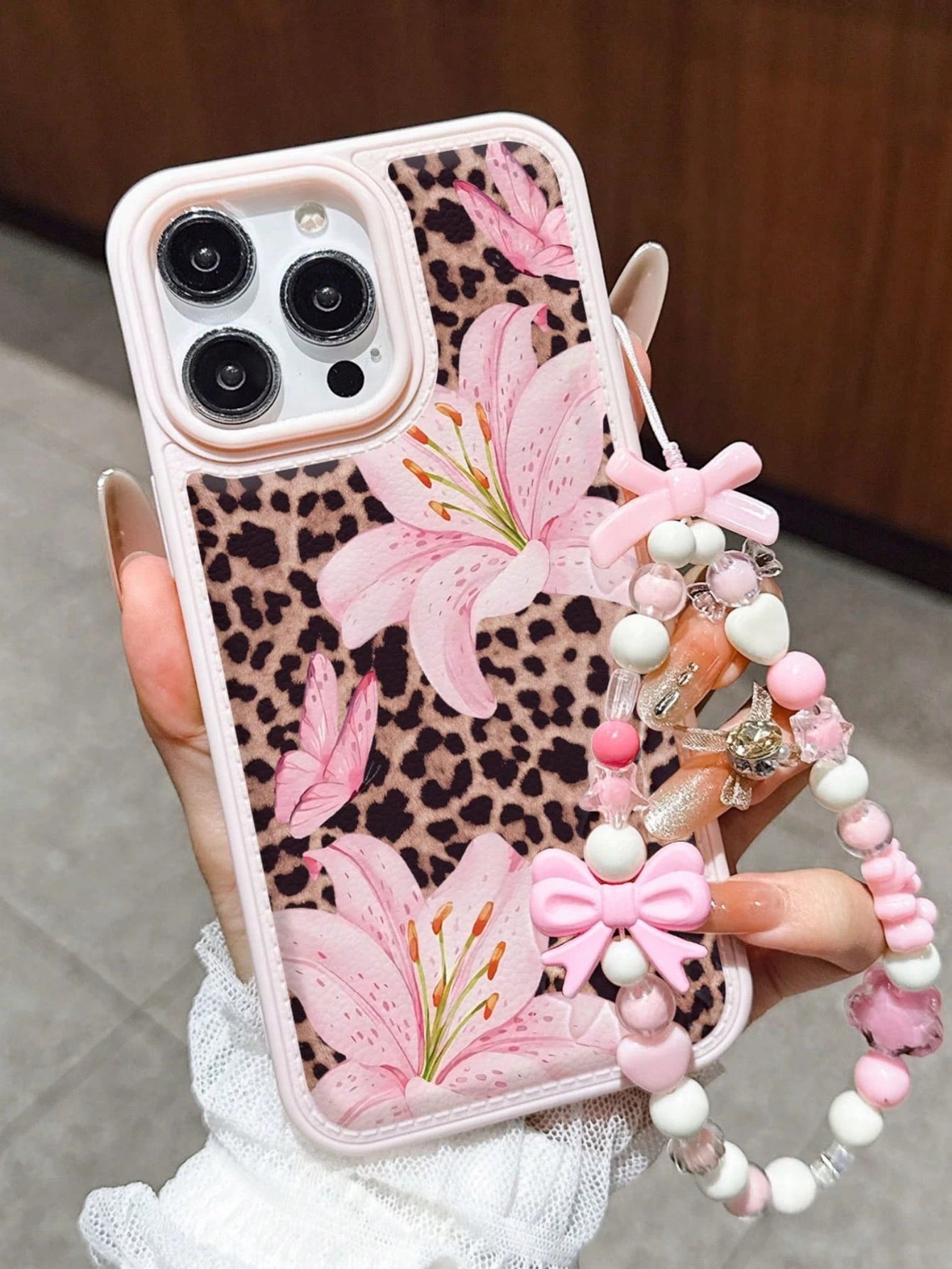 Pink Lily Flower & Sexy Leopard Print Shockproof Phone Case With Fashionable Lanyard, Compatible With IPhone 11, 12, 13, 14, 15, 16, 13 Pro Max, 16 Plus, XR, 7, 8 Plus, 17 Pro Max, AIR, 15 Pro Max And