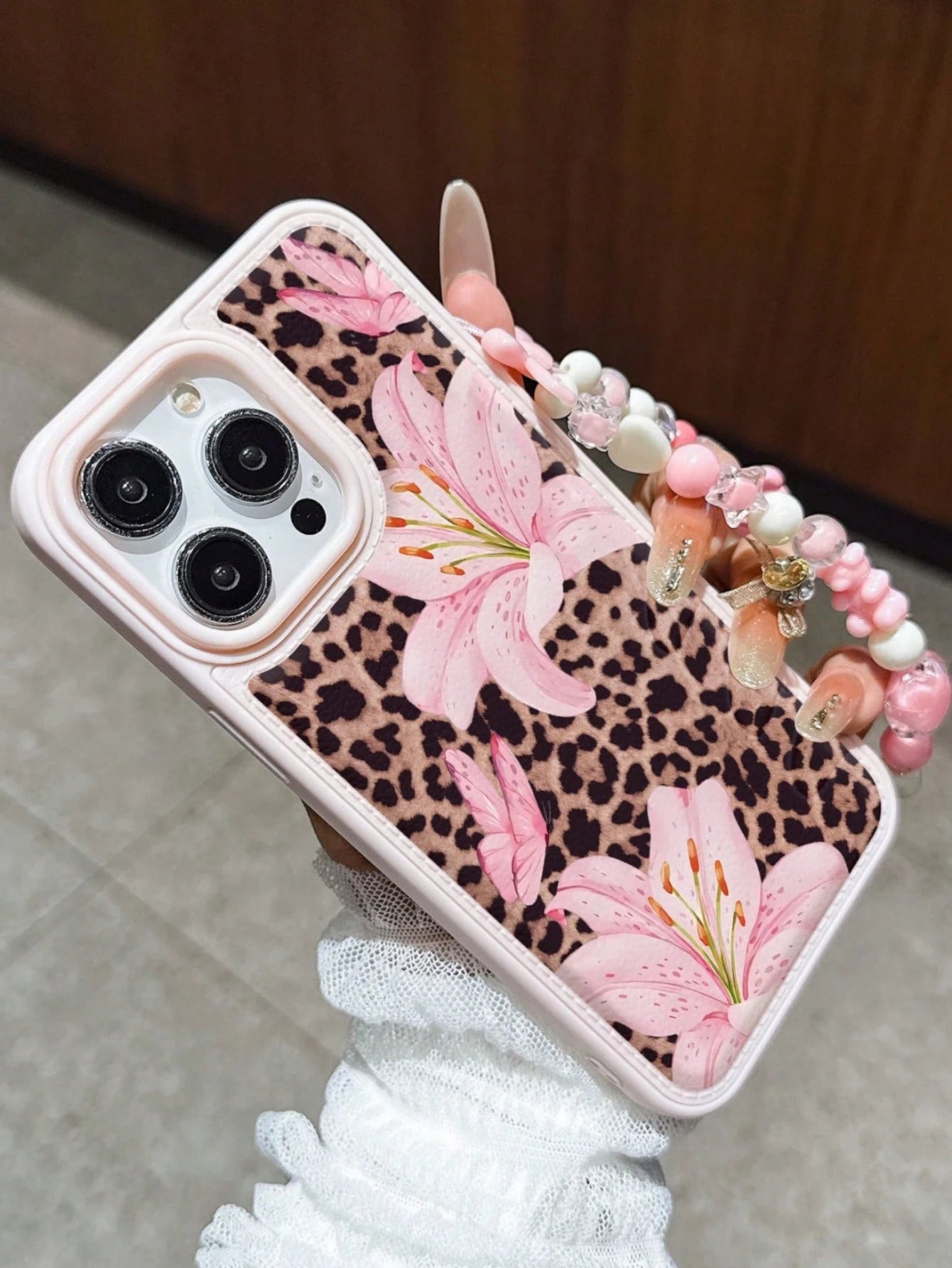 Pink Lily Flower & Sexy Leopard Print Shockproof Phone Case With Fashionable Lanyard, Compatible With IPhone 11, 12, 13, 14, 15, 16, 13 Pro Max, 16 Plus, XR, 7, 8 Plus, 17 Pro Max, AIR, 15 Pro Max And