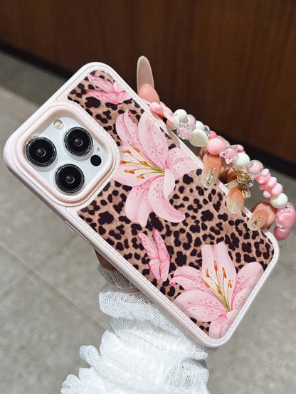 Pink Lily Flower & Sexy Leopard Print Shockproof Phone Case With Fashionable Lanyard, Compatible With IPhone 11, 12, 13, 14, 15, 16, 13 Pro Max, 16 Plus, XR, 7, 8 Plus, 17 Pro Max, AIR, 15 Pro Max And