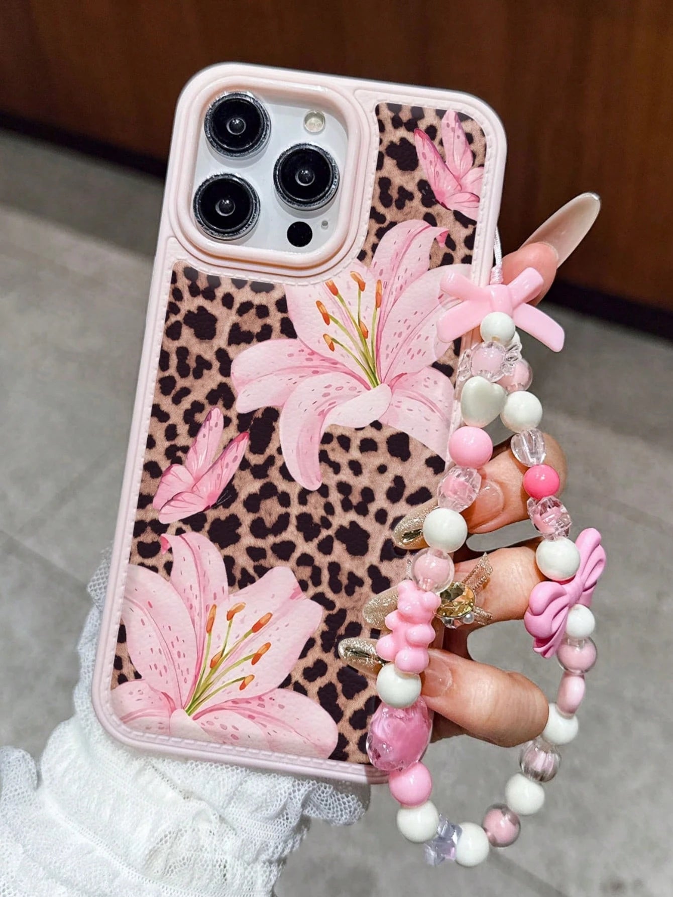 Pink Lily Flower & Sexy Leopard Print Shockproof Phone Case With Fashionable Lanyard, Compatible With IPhone 11, 12, 13, 14, 15, 16, 13 Pro Max, 16 Plus, XR, 7, 8 Plus, 17 Pro Max, AIR, 15 Pro Max And