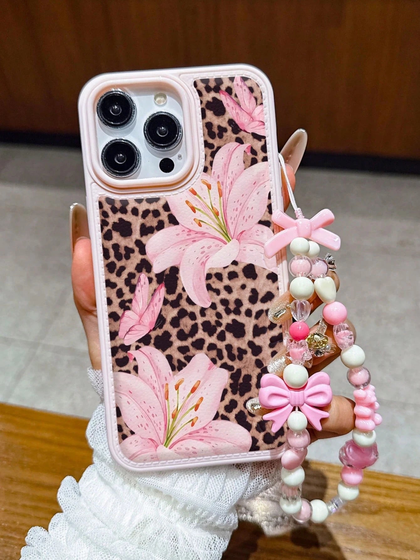 Pink Lily Flower & Sexy Leopard Print Shockproof Phone Case With Fashionable Lanyard, Compatible With IPhone 11, 12, 13, 14, 15, 16, 13 Pro Max, 16 Plus, XR, 7, 8 Plus, 17 Pro Max, AIR, 15 Pro Max And