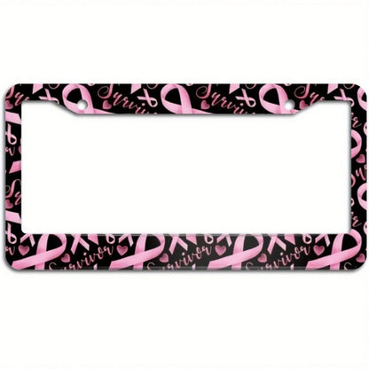 Pink Ribbon Breast Cancer Awareness License Plate Frame Bracket Set, Decorative Car Accessory Aluminum License Plate Frame Ornament, Suitable For Women, Girls, And Ladies, With Two-Hole Screw Decorati