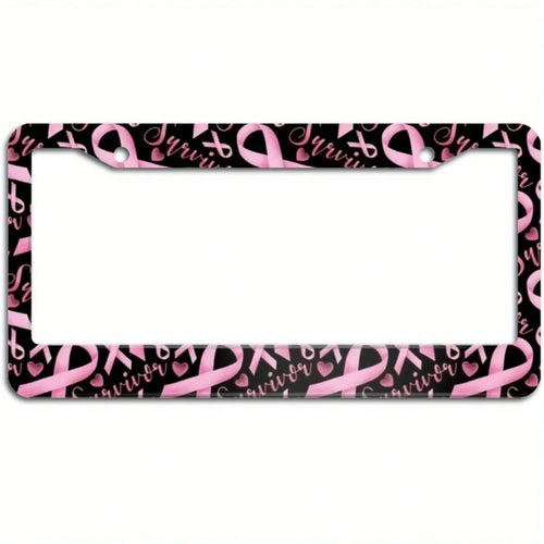 Pink Ribbon Breast Cancer Awareness License Plate Frame Bracket Set, Decorative Car Accessory Aluminum License Plate Frame Ornament, Suitable For Women, Girls, And Ladies, With Two-Hole Screw Decorati