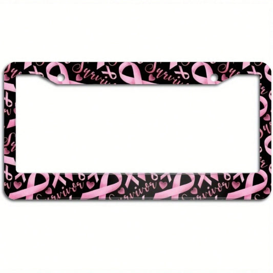 Pink Ribbon Breast Cancer Awareness License Plate Frame Bracket Set, Decorative Car Accessory Aluminum License Plate Frame Ornament, Suitable For Women, Girls, And Ladies, With Two-Hole Screw Decorati