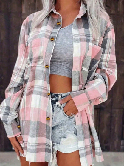 Plaid Button-Down Pocket Long Sleeve Casual Shirt, Checkered Long Sleeve Top With Front Button Pockets For Daily Wear Spring