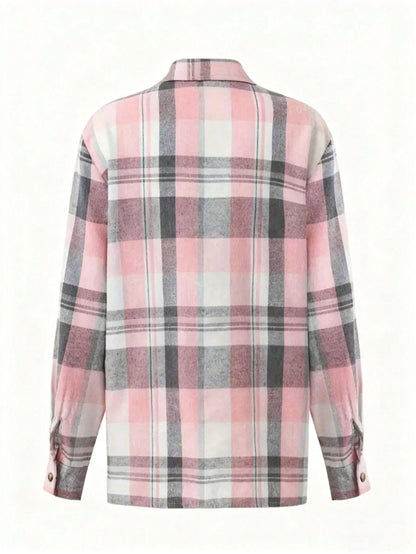 Plaid Button-Down Pocket Long Sleeve Casual Shirt, Checkered Long Sleeve Top With Front Button Pockets For Daily Wear Spring