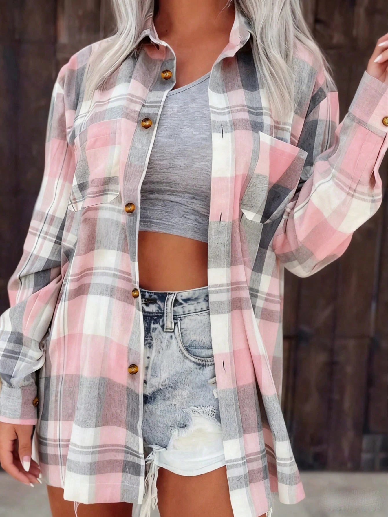Plaid Button-Down Pocket Long Sleeve Casual Shirt, Checkered Long Sleeve Top With Front Button Pockets For Daily Wear Spring