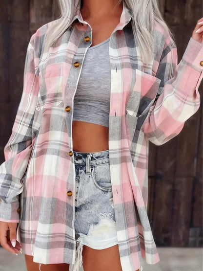 Plaid Button-Down Pocket Long Sleeve Casual Shirt, Checkered Long Sleeve Top With Front Button Pockets For Daily Wear Spring