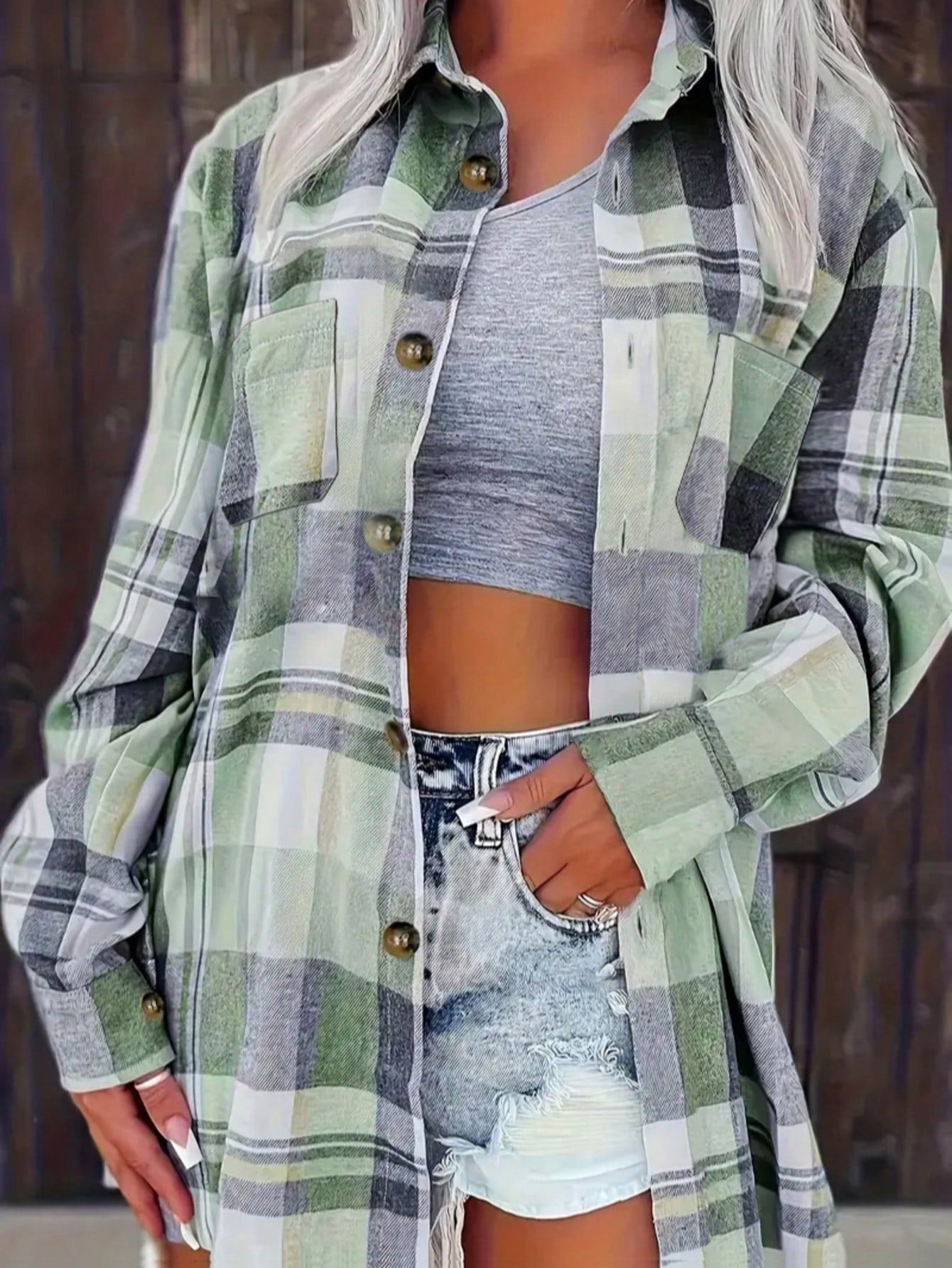 Plaid Button-Down Pocket Long Sleeve Casual Shirt, Checkered Long Sleeve Top With Front Button Pockets For Daily Wear Spring