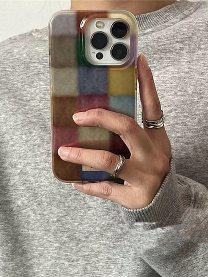 Plaid TPU Shockproof Fashion Plaid Retro Colorful Plaid Protective Case Compatible With IPhone 16 Pro Max, 15/17 New Models, 14 Pro/13, 12, 11XR, Shockproof TPU Soft Cover Spring Birthday Gift