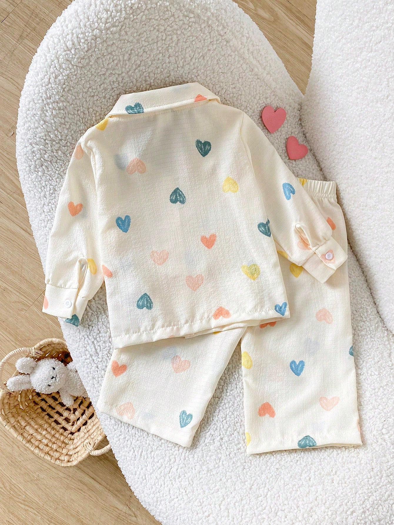 Playful Pals 0-3 Years Old Spring Autumn Winter All Season Heart Pattern Long Sleeve Shirt & Pants Fashion Casual Outfit Set