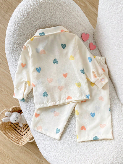 Playful Pals 0-3 Years Old Spring Autumn Winter All Season Heart Pattern Long Sleeve Shirt & Pants Fashion Casual Outfit Set