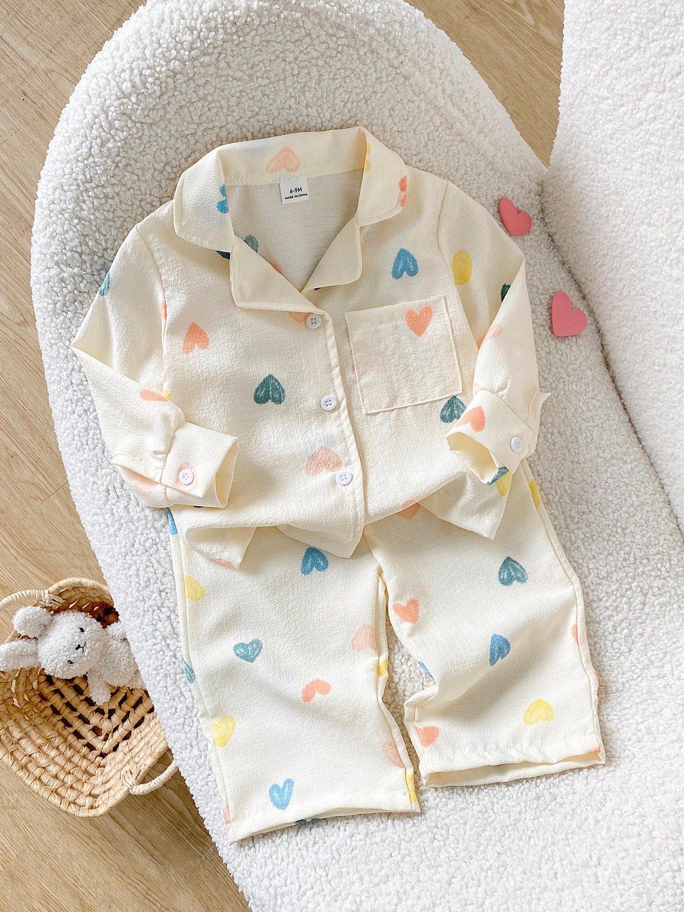 Playful Pals 0-3 Years Old Spring Autumn Winter All Season Heart Pattern Long Sleeve Shirt & Pants Fashion Casual Outfit Set