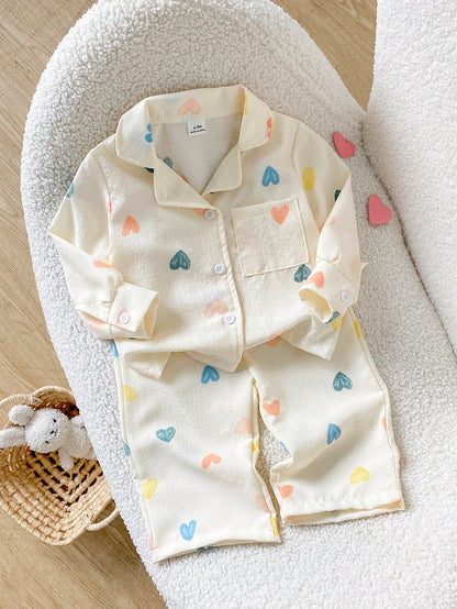 Playful Pals 0-3 Years Old Spring Autumn Winter All Season Heart Pattern Long Sleeve Shirt & Pants Fashion Casual Outfit Set