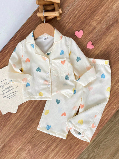 Playful Pals 0-3 Years Old Spring Autumn Winter All Season Heart Pattern Long Sleeve Shirt & Pants Fashion Casual Outfit Set