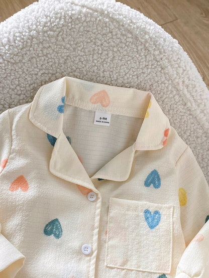 Playful Pals 0-3 Years Old Spring Autumn Winter All Season Heart Pattern Long Sleeve Shirt & Pants Fashion Casual Outfit Set