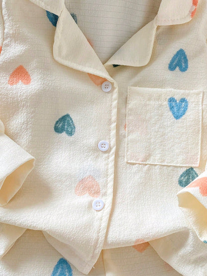 Playful Pals 0-3 Years Old Spring Autumn Winter All Season Heart Pattern Long Sleeve Shirt & Pants Fashion Casual Outfit Set