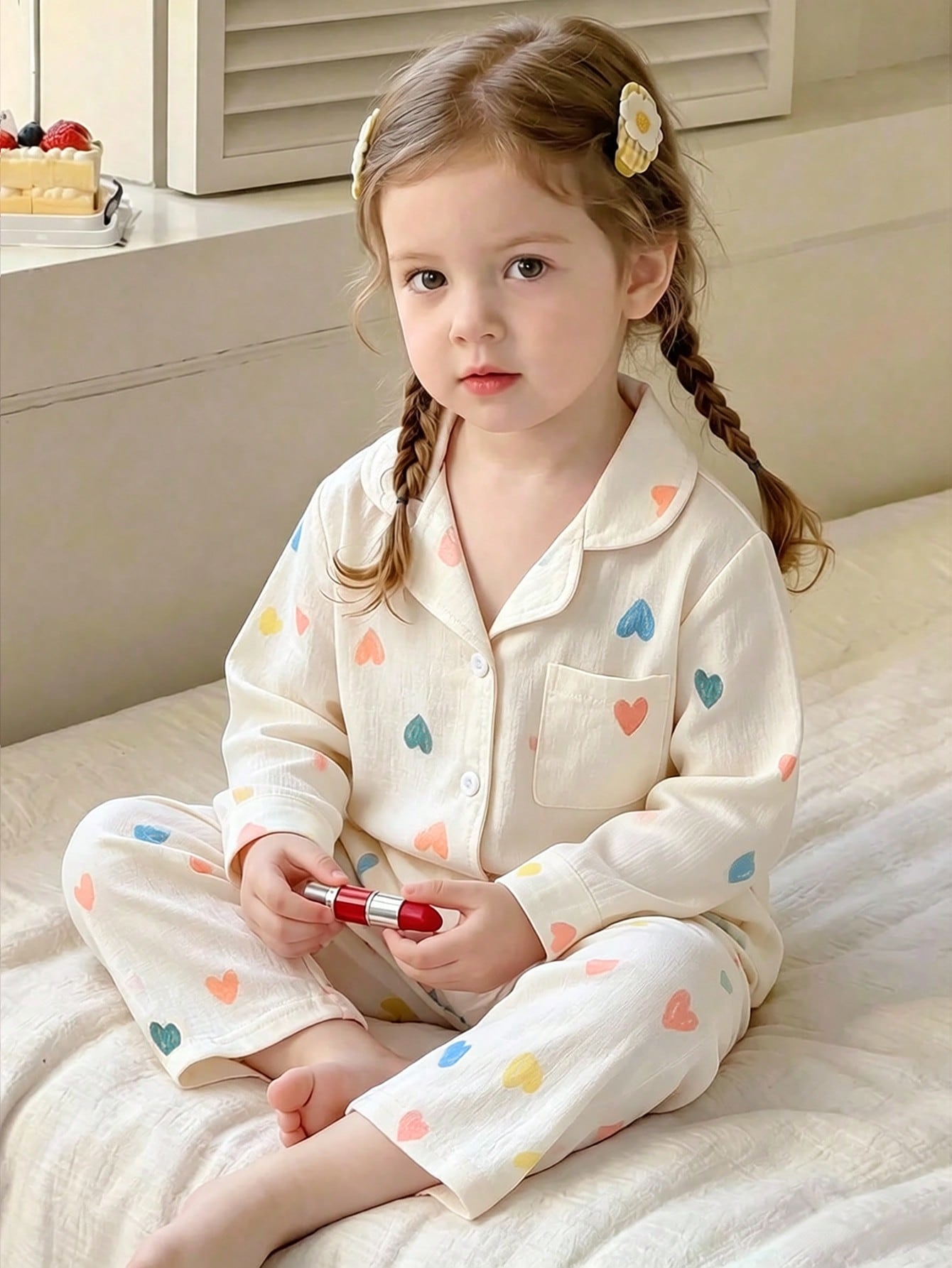 Playful Pals 0-3 Years Old Spring Autumn Winter All Season Heart Pattern Long Sleeve Shirt & Pants Fashion Casual Outfit Set