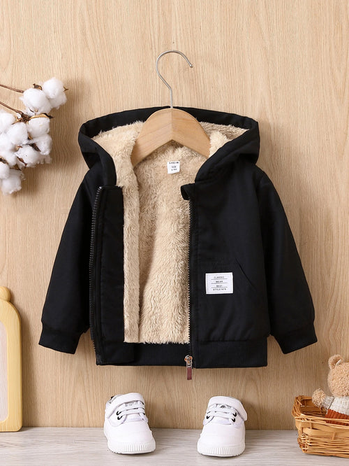 Playful Pals 1pc Toddler Infant Baby Boy Patch Detail Casual Solid Color Hooded Sweatshirt Cozy Teddy Lined Hooded Jacket With Pocket Fall/Winter