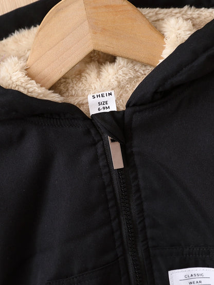 Playful Pals 1pc Toddler Infant Baby Boy Patch Detail Casual Solid Color Hooded Sweatshirt Cozy Teddy Lined Hooded Jacket With Pocket Fall/Winter