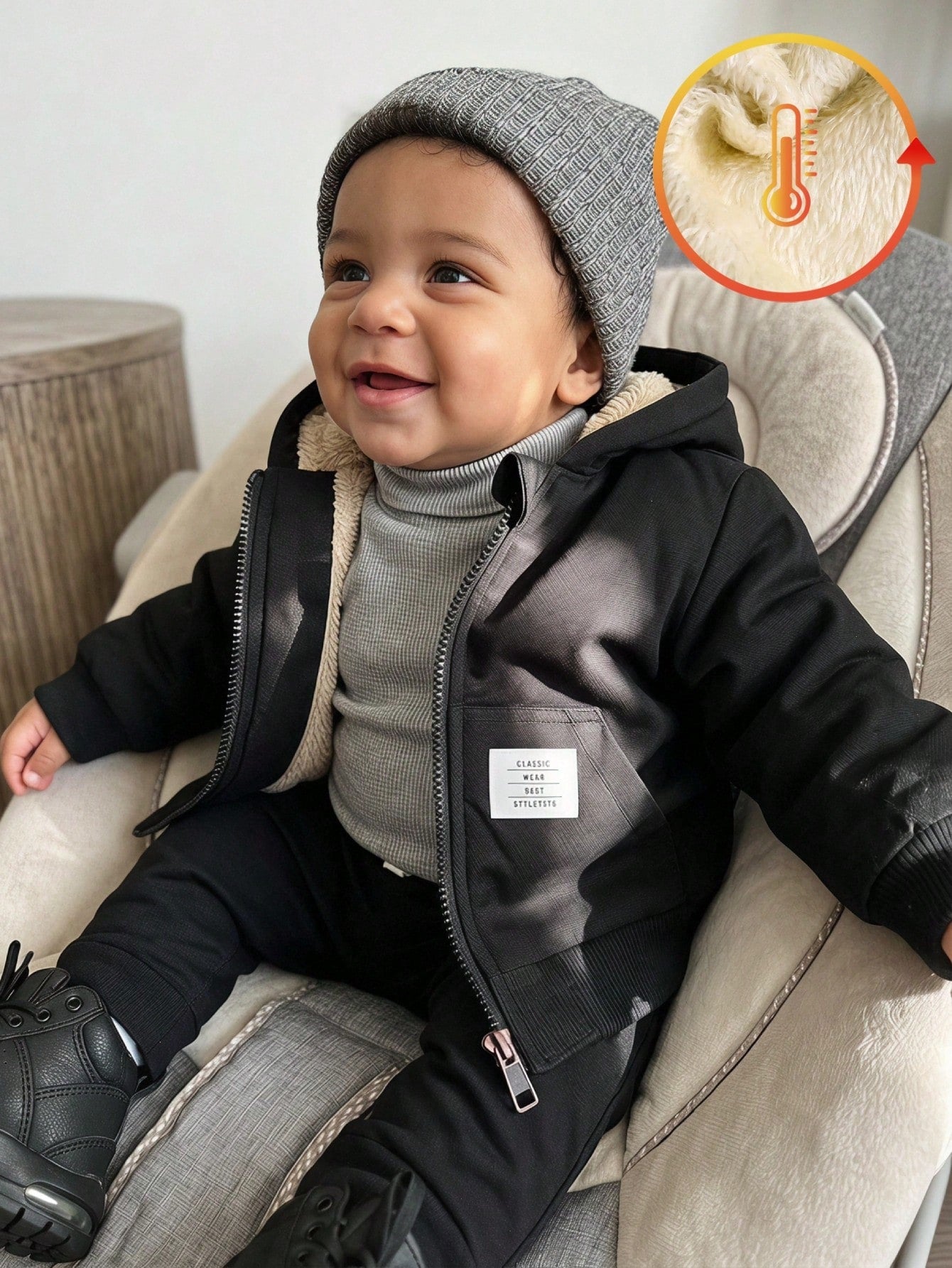 Playful Pals 1pc Toddler Infant Baby Boy Patch Detail Casual Solid Color Hooded Sweatshirt Cozy Teddy Lined Hooded Jacket With Pocket Fall/Winter