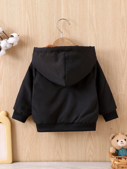 Playful Pals 1pc Toddler Infant Baby Boy Patch Detail Casual Solid Color Hooded Sweatshirt Cozy Teddy Lined Hooded Jacket With Pocket Fall/Winter